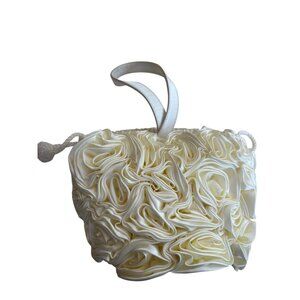Ruffled Ivory Satin Small Handbag Drawstring & Handle